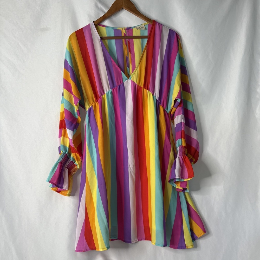 Peach Love California M Rainbow Stripe Dress Boho Retro Mini V-neck Ruffle USA - Picture 2 of 7